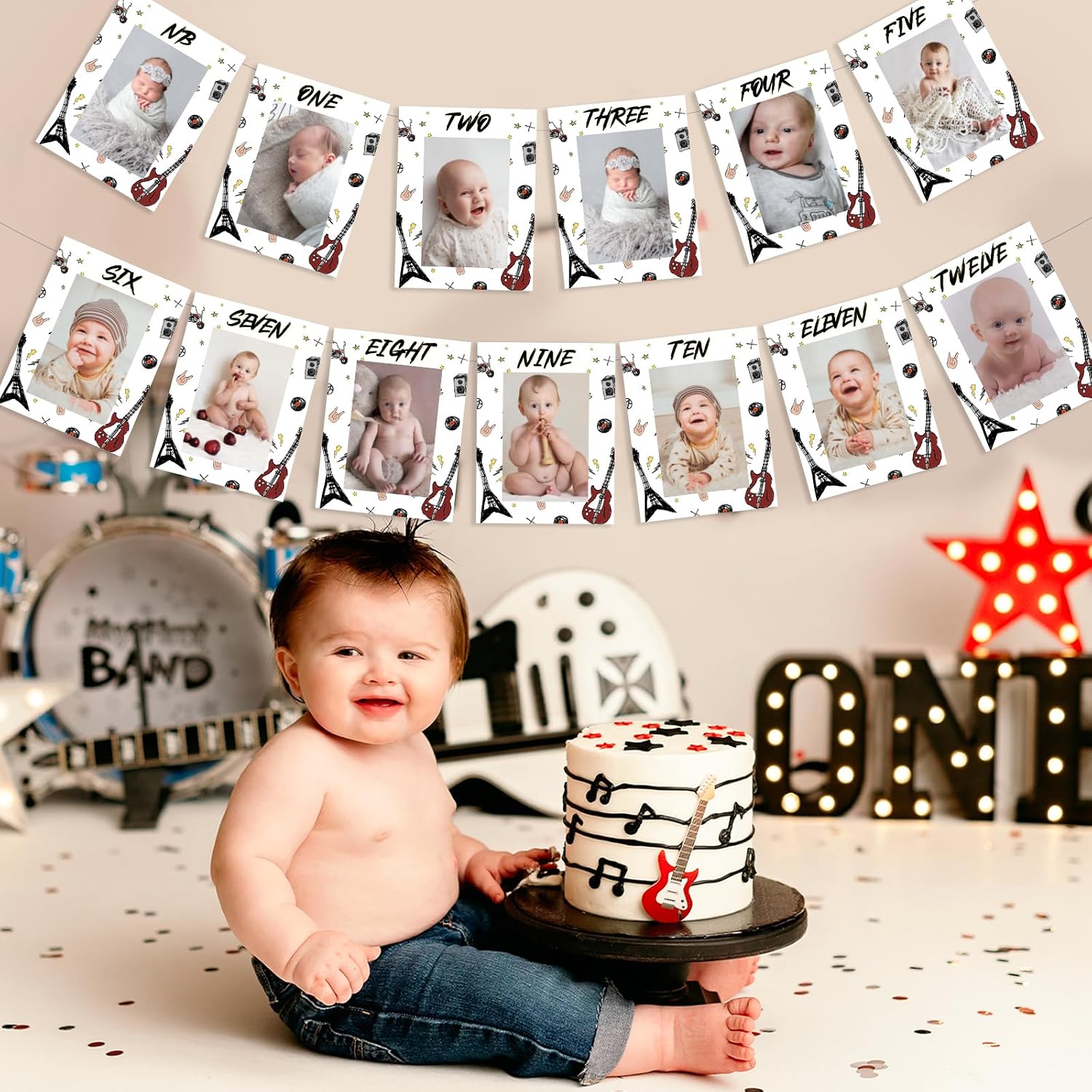 One Rocks 1st Birthday Decorations Red, Rock Theme Photo Banner for Newborn to 12 Months, Rock and Roll Birthday Photo Banner for Boys Girls Kids 1 Year Old Music Theme Party Decoration