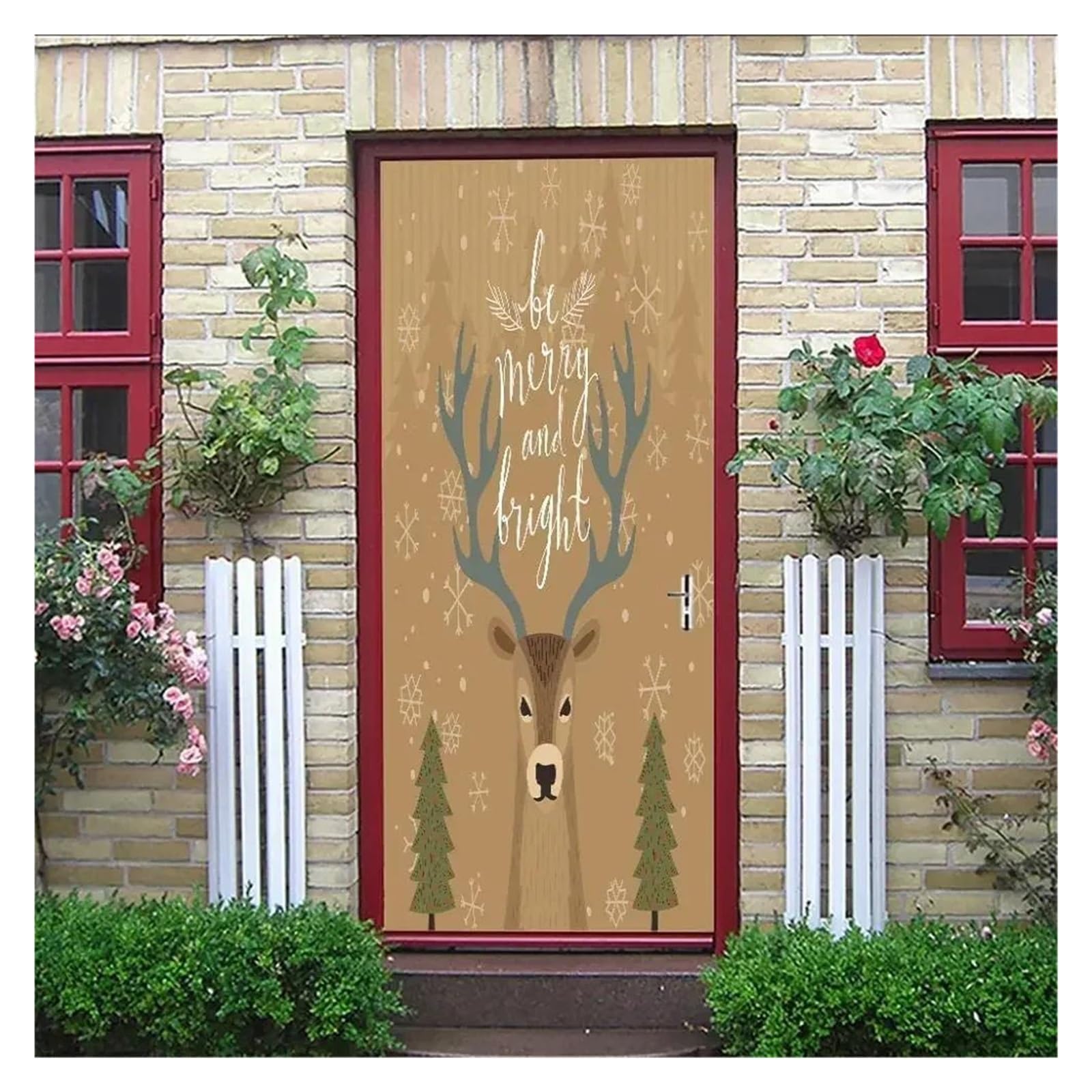 Sticker autocollant de porte cerf Sika et papier peint mural fleurs roses 40x120