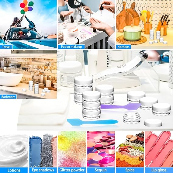 100 Pcs 3g Empty Plastic Containers with White Lids,Tiny Makeup Sample Containers, Small Pot Jars Clear Round Cosmetic Jars with 20 Pcs Mini Spatulas for Liquid Sample Powder Creams