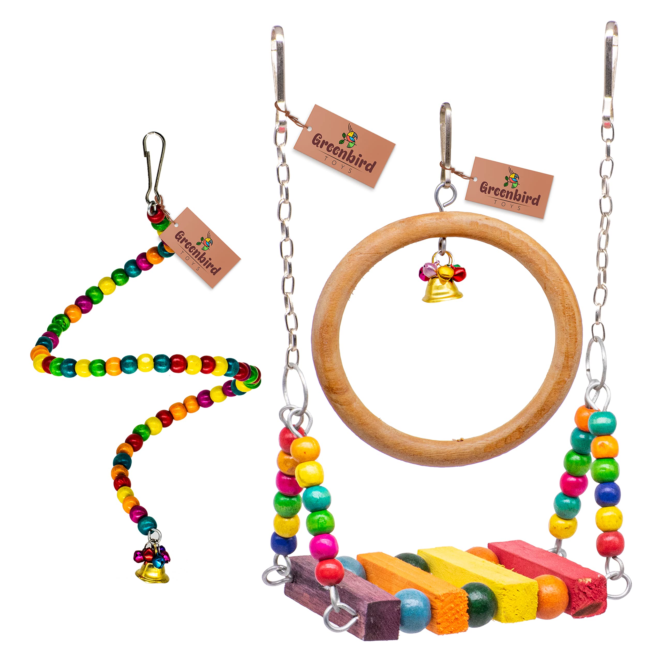 GREENBIRDS Toys Combo of 3 Pcs Includes 1 Swing, 1 Spiral Hangings, 1 Wooden Ring Perch Toy Parrot Cage Accessories Training Aid, Perch for Bird & Parrot