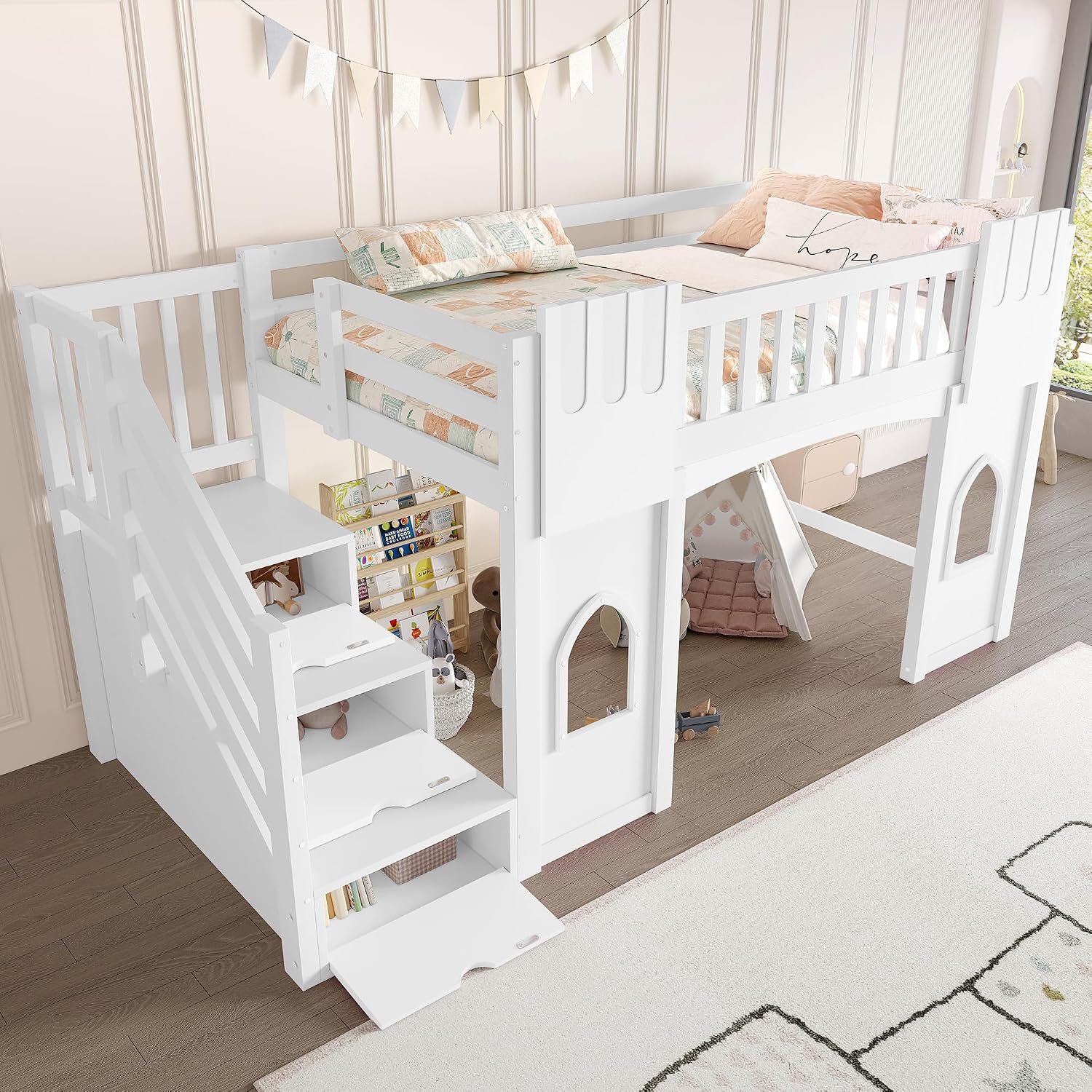 Childrens Bed 90 x 200 cm with Storage Stairs and Window Loft Bed with Continuous Guardrail Storage Bed Wooden Frame White Mattress Not Included