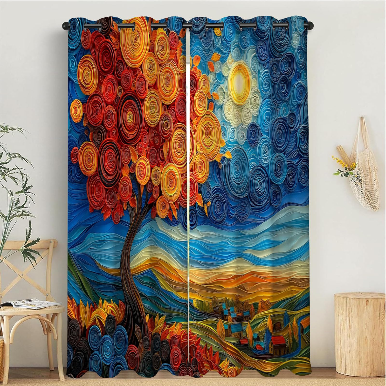 Rideaux occultants motif artistique et arbres de qualité pour décoration salon