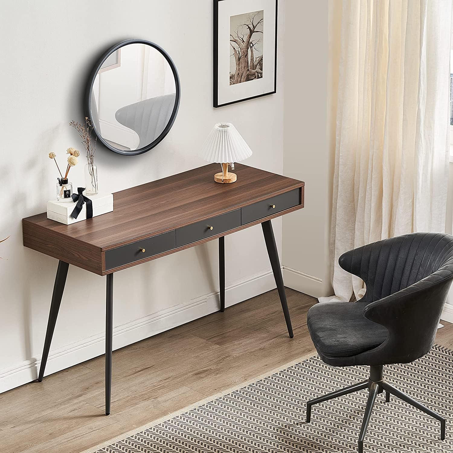 kevinplus Mid-Century Modern Desk for Home Office Bedroom, Small Computer Desk Writing Desk with 3 Storage Drawers, Metal Legs, Walnut & Dark Grey