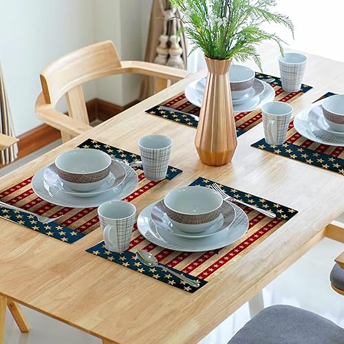 Miniatura 7 de Juego de 4 manteles individuales de lino del 4 de julio, Día de la Independencia, patriótico, bandera estadounidense, estrella, antideslizantes,