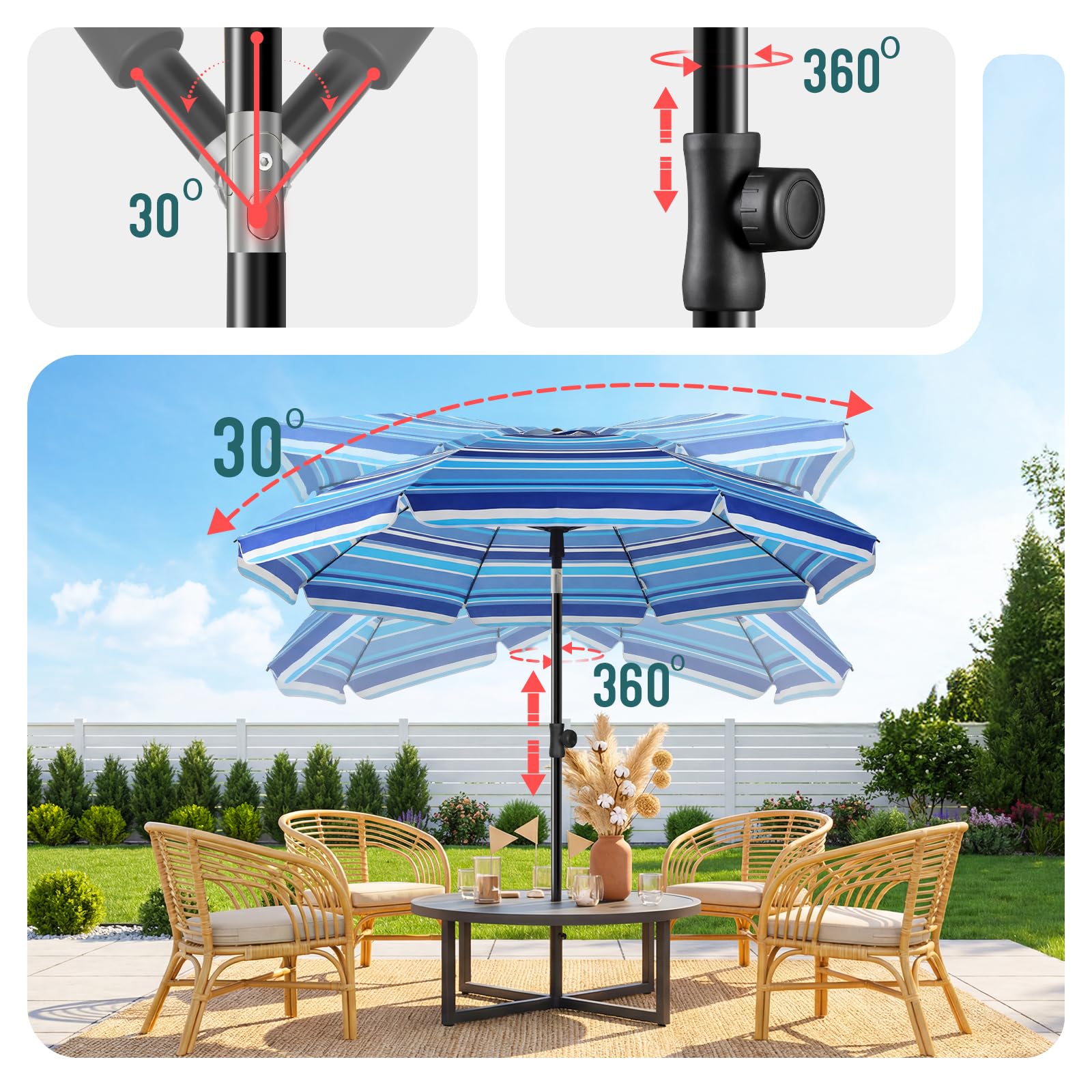 VOUNOT® 2m Tilting Garden Parasol with Ground Anchor, Beach Umbrella with Carry Bag, UV 50+, Adjustable Outdoor Parasol for Patio, Deck & Table, Mixed Blue Stripes — view 5