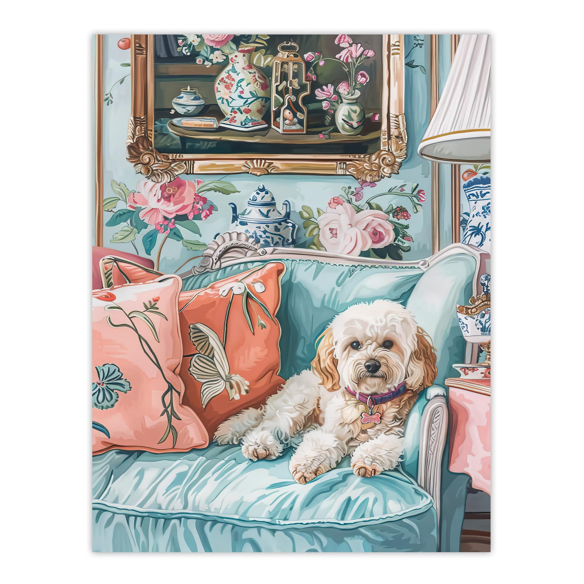Artery8 Cockapoo Dog Lover Pink Teal Couch Pet Portrait For Living Room Large Wall Art Poster Print Thick Paper 18X24 Inch