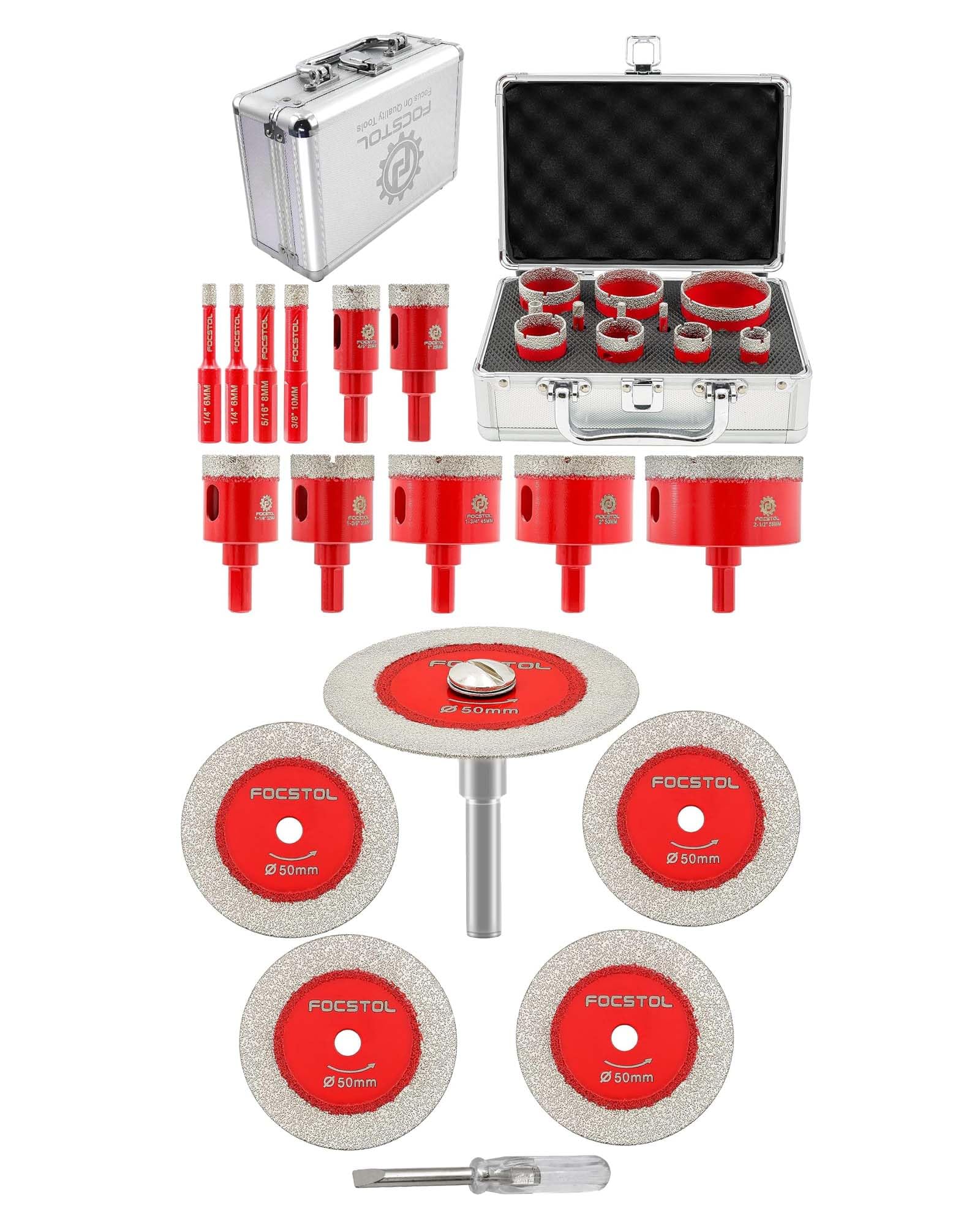 FOCSTOL Disco Corte Vidrio 5 piezas 50mm Disco Diamante y 1 pieza 6mm Mango Redondo y Juego de Brocas Diamante 11 piezas (6/6/8/10/20/25/32/35/45/50/65mm)