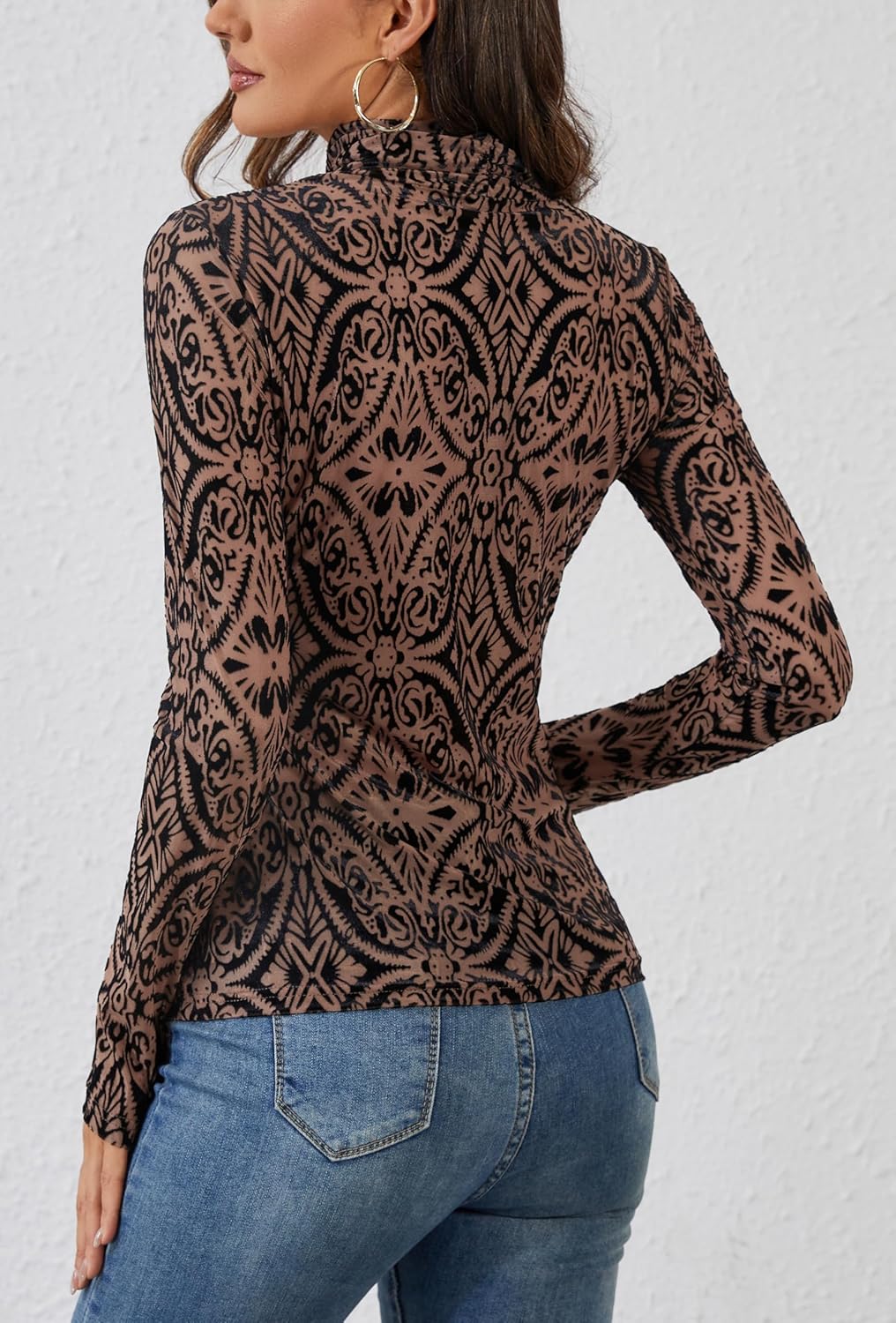 OMSJ Womens Velvet Burnout Tops Slim Fit Turtleneck Top Long Sleeve Semi See Through Elegant Shirts - Image 4