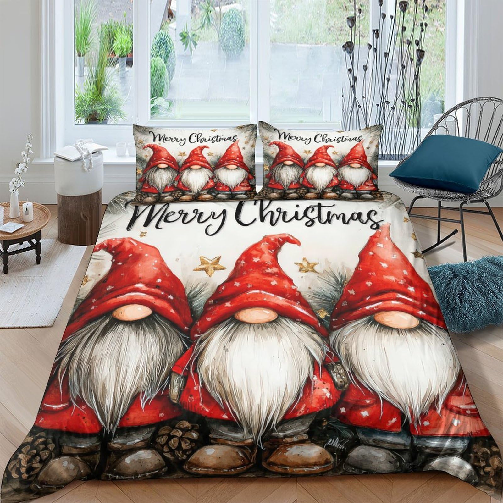 TUFRTGYHN 3D Printed Christmas Gnome Duvet Cover Microfiber Soft Red Nordic Bedding Set with 2 Pillowcases for Bedroom Decor Single（135x200cm）
