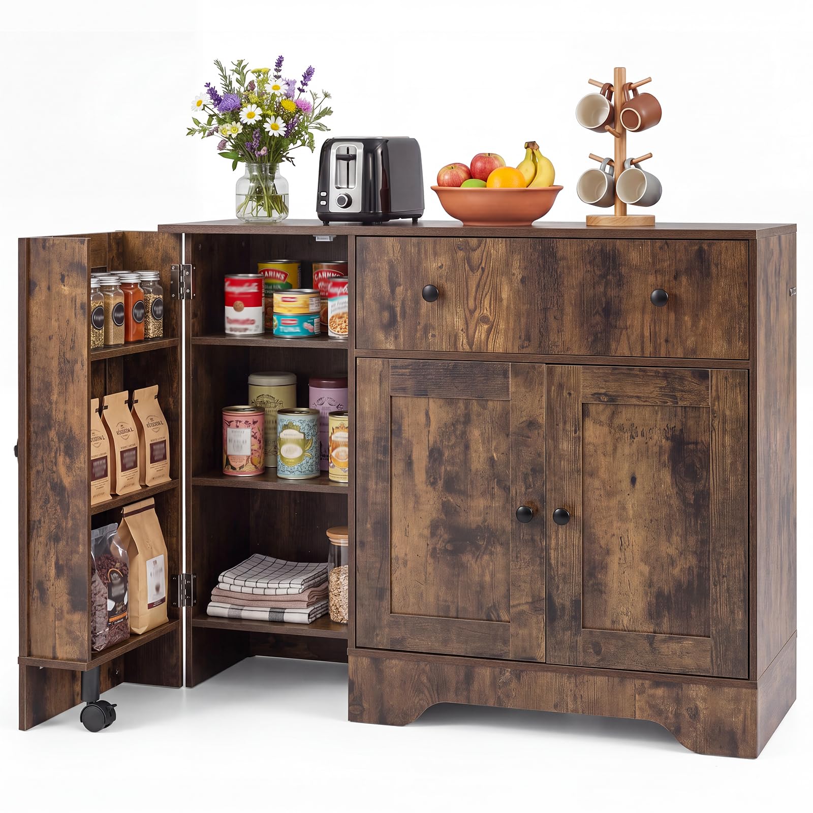 COSTWAY Storage Cabinet with 3 Doors, 3-Tier Side Rack & Lockable Wheel