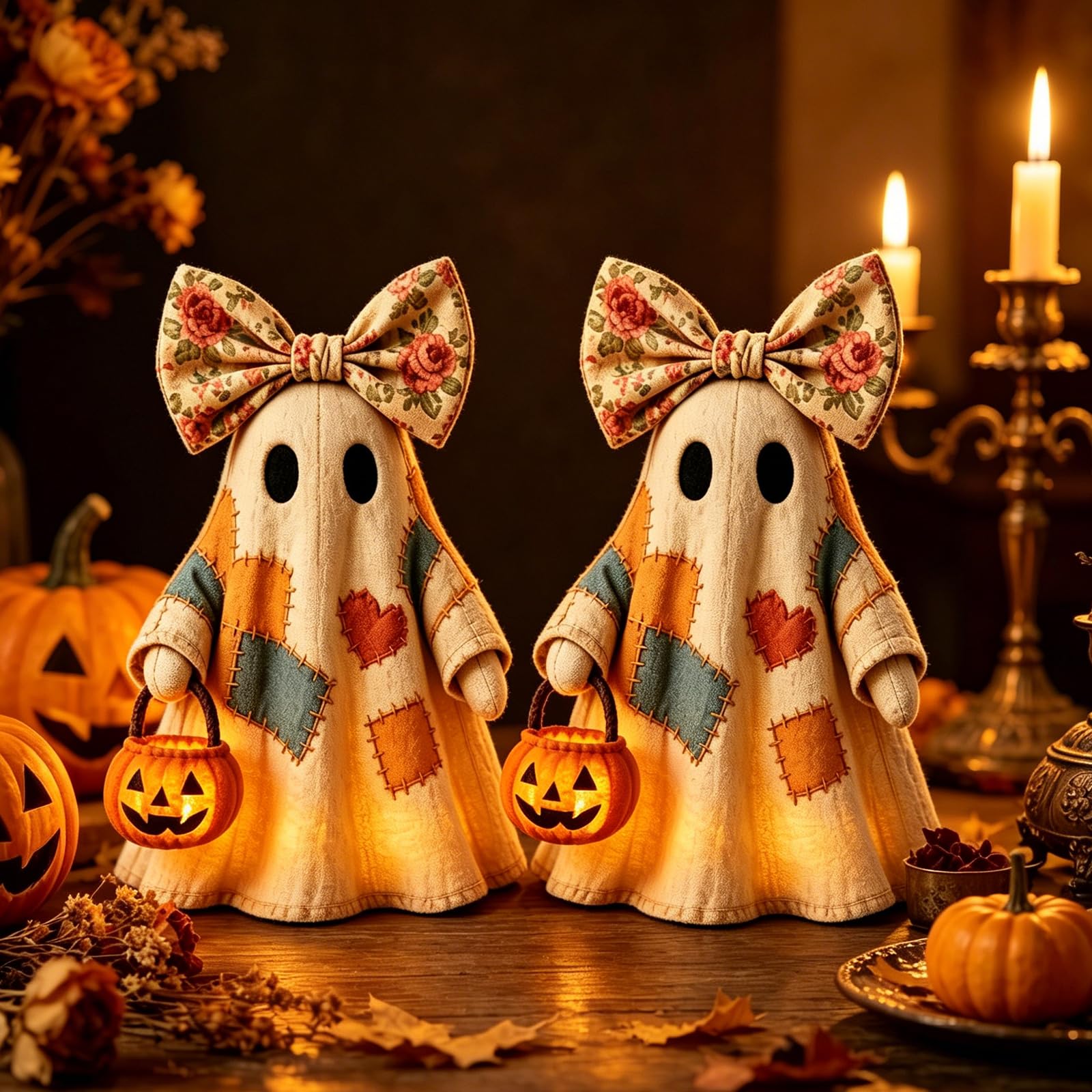 Kryilut Lighted Vintage Patchwork Ghost, Halloween Ghost Night Lamp with Pumpkin Lantern, Vintage Halloween Patchwork Ghosts Lamp, Halloween Decoration for Mantel Shelf Entryway Porch (2pcs)