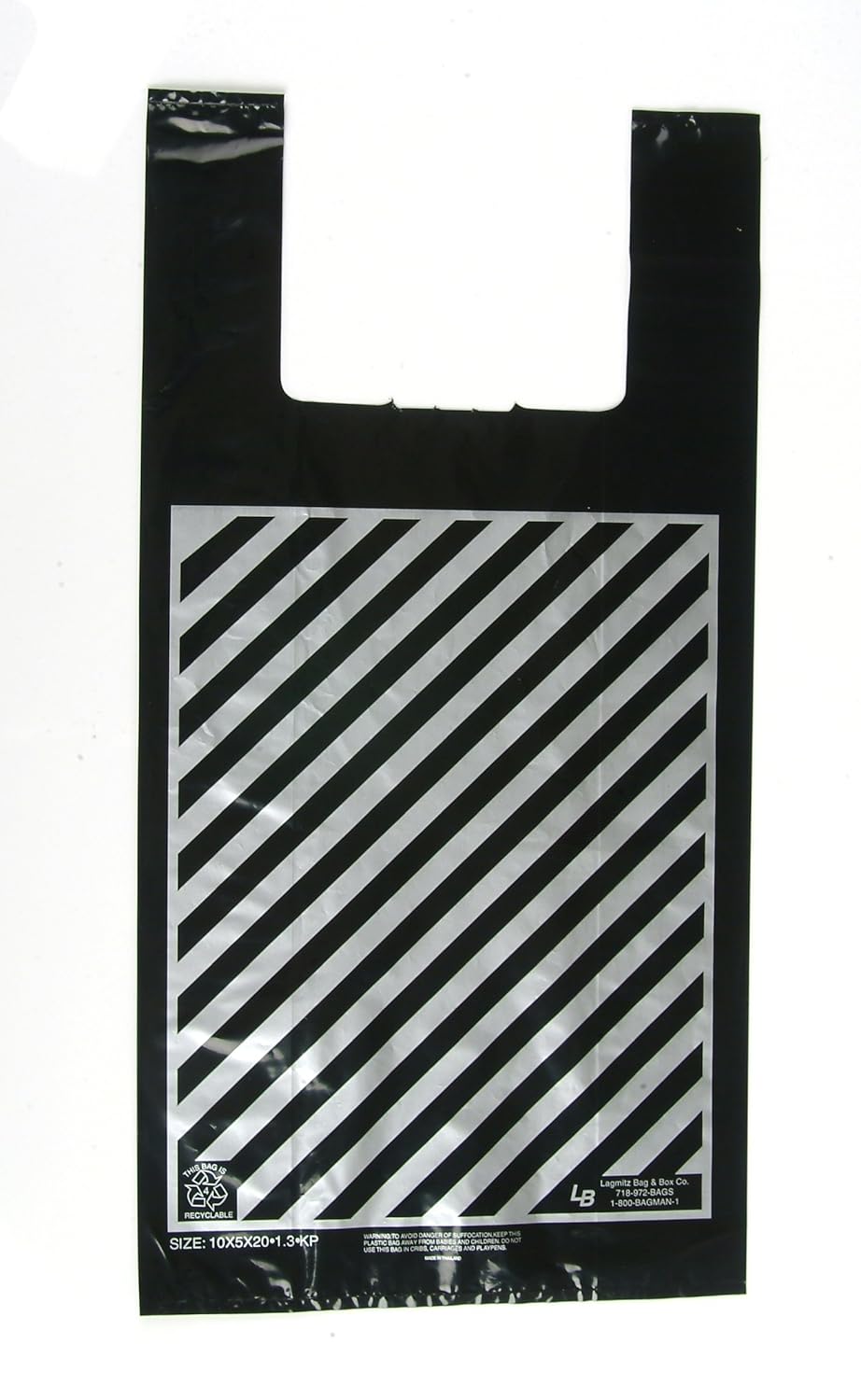 Plastic Shopping Bags, 100pcs"Large" Size:12x7x23, 1.3 Mil, Black Bag with Silver Stripe, 37.99 per 100, 37.9 Cents per Bag.