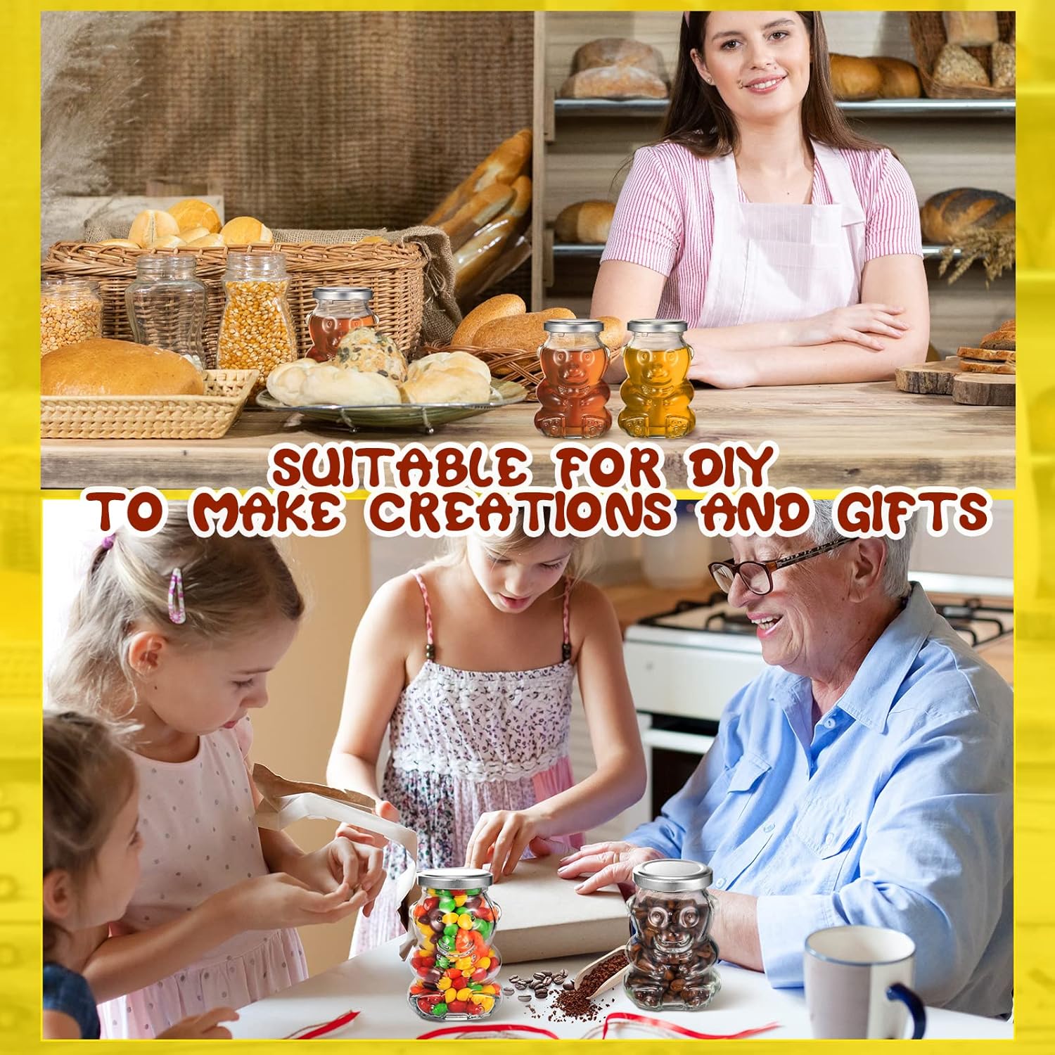 Patelai 24 Pack 4 oz Glass Bear Shaped Honey Jars with Lids Reusable Small Tilted Bear Glass Bottles Containers Dispenser for Candies, Birthday Wedding Party Favors(Classic, Silver)