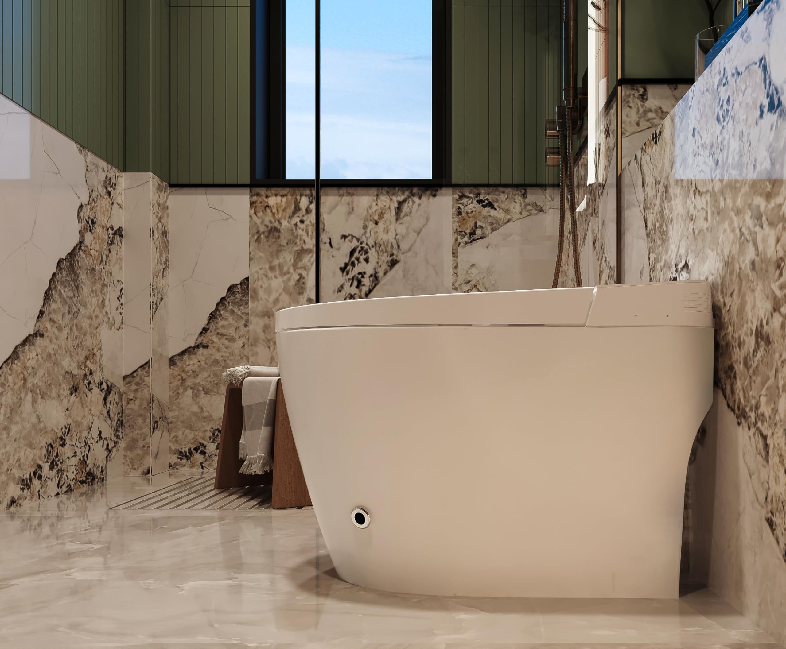 Nashi - Inodoro Japones | WC con Bidet | Agua Caliente, Taza calefactable y Secado | Asiento con Apertura y Cierre Automático | Autolimpieza y Esterilizador UV (Desagüe salida a suelo)