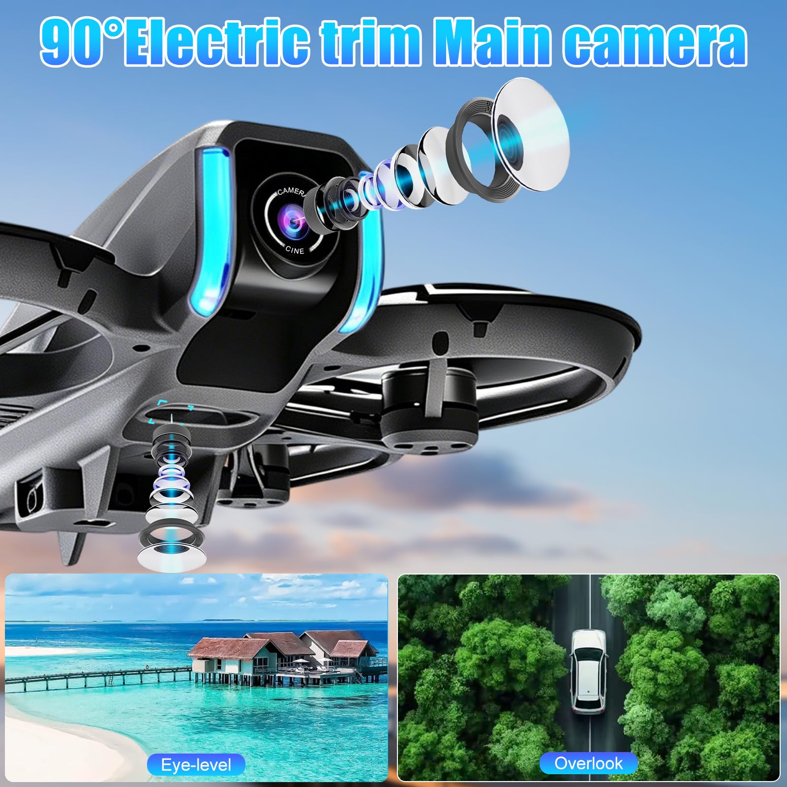 Dron con cámara, pantalla de 4.5'' de control remoto, juguete volador con cámara ajustable a 90°, con tarjeta SD, 2 baterías, adecuado para adultos y principiantes