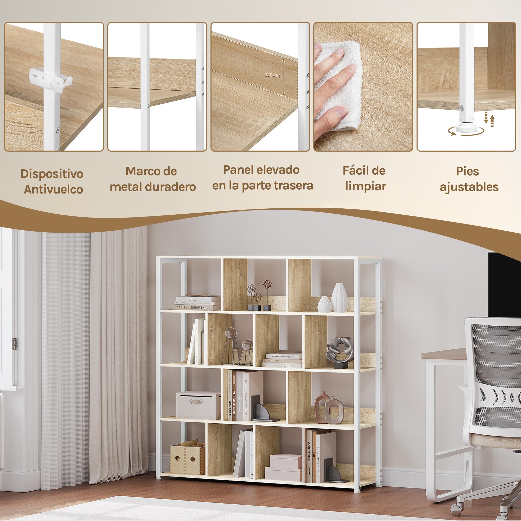 eSituro Estantería de Pie 4 Niveles, Libreria Estantes Abiertos | Marco de Metal Robusto, Estanteria Almacenaje para Salón, Dormitorio y Oficina, Madera, Marrón Rústico, 120x30x120cm