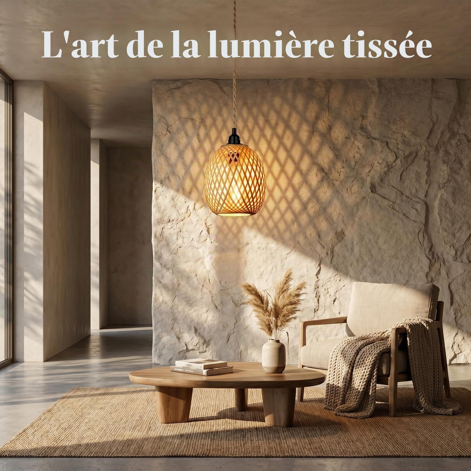 Colexy Suspension Luminaire Bambou avec Câble 4,5m et Prise, Lustre Chambre Corde de Chanvre E27 avec Interrupteur, Abat-Jour Rotin Naturel Style Bohème pour Salon, Cuisine et Décoration Intérieure