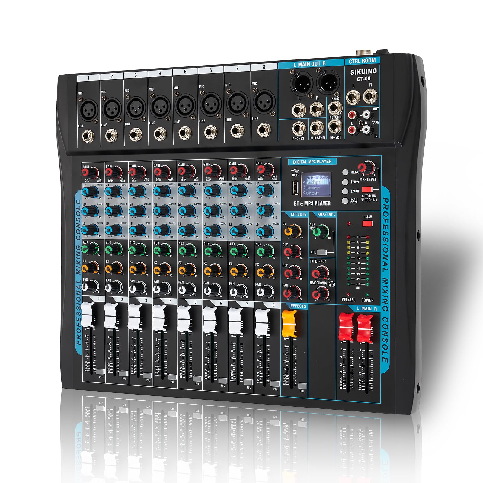 Table de mixage audio 8 canaux 16 effets DSP Interfacer audio USB pour enregistrement Puissance 48 V Microphone XLR Jack DJ Enregistrement en streaming studio