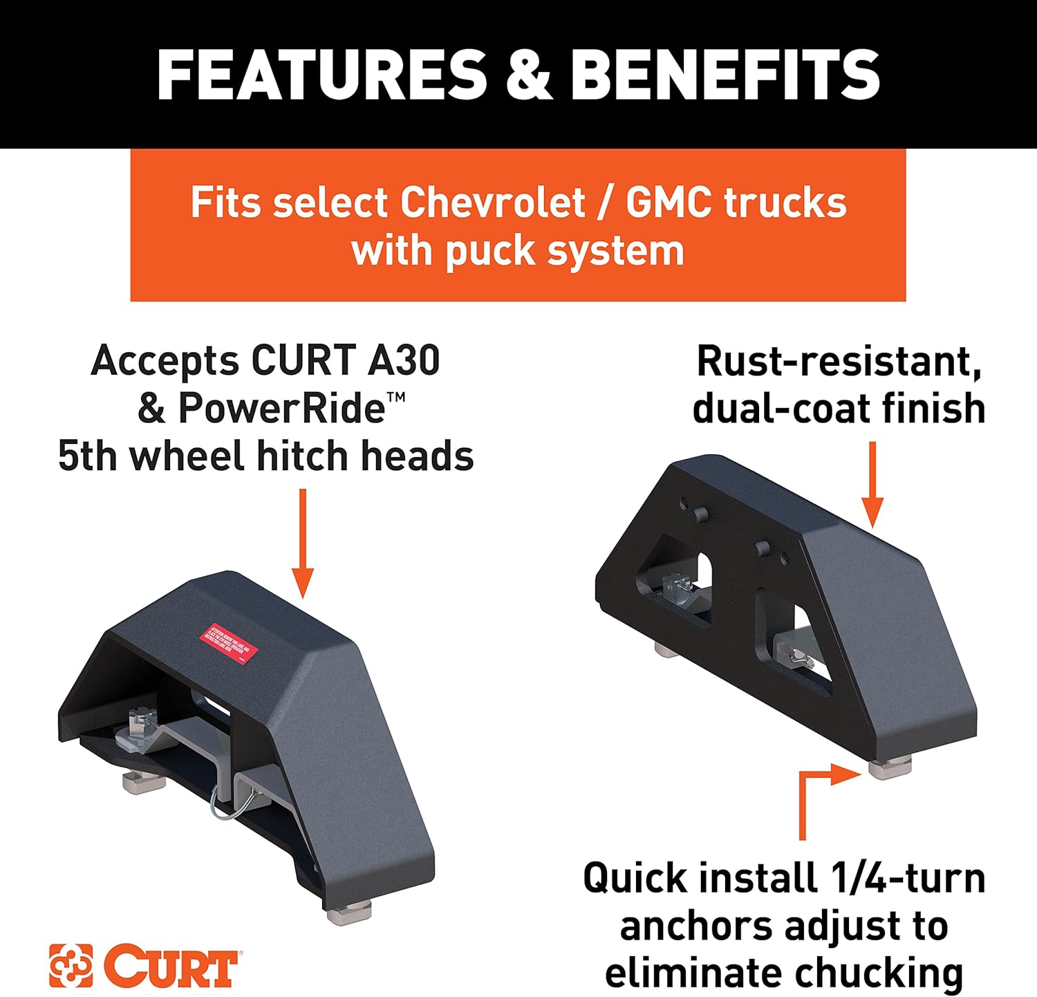 CURT 16024 A30 Replacement Chevrolet Silverado, GMC Sierra 2500, 3500 HD Puck 5th Wheel Legs, 30,000 lbs, Carbide Black, Hitch Head Required