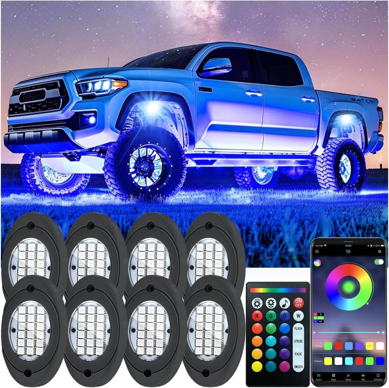 8 Pods RGB LED Rock Lights, Underglow Multicolor Neon Light Kit, Wheel Well Light with Remote Control & APP Control Music Mode, Under Glow Lights for Trucks,Jeep,SUV,Golf Cart,ATV,Pickup Off Road,12V