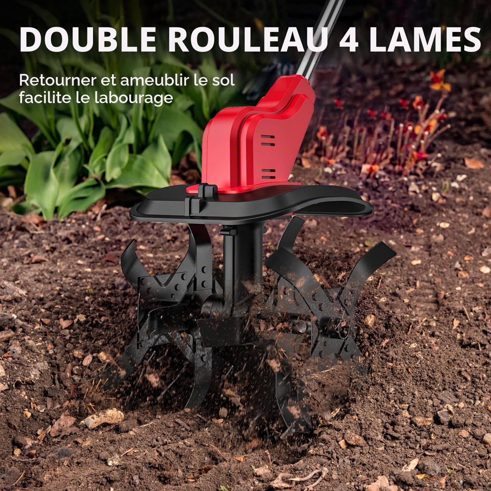 Motoculteur électrique à batterie pour Makita 21V, motobineuse de jardin 550W, profondeur de travail du sol 22cm, largeur de travail 30cm, 350 tr/min, motoculteur électrique avec 2 batteries, double