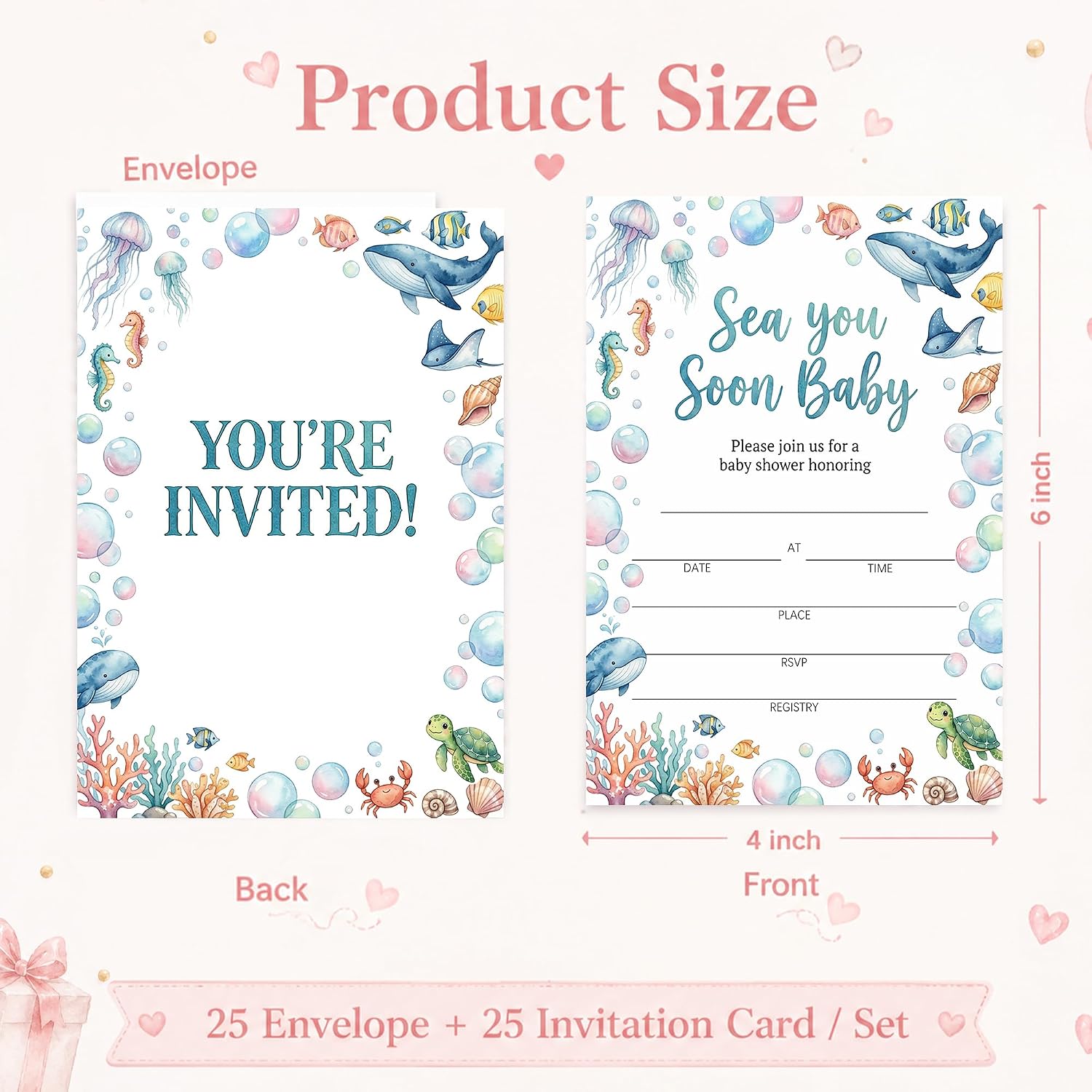 Baby Shower Invitations with Envelopes, Under the Sea Invitations, Fill In Style Invites Cards For Gender Reveal, Baby Announcement Party Supplies Set of 25