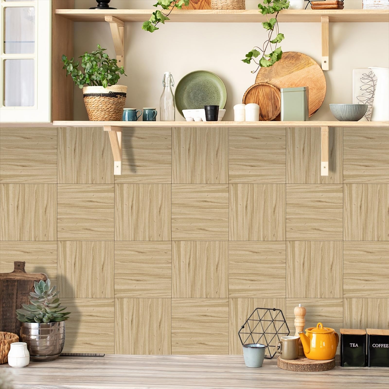 Stick on Tiles Wood Grain Imitation Tile Stickers for Bathroom Kitchen Backsplash Waterproof Tile Covers for Fireplace Surround Cabinet Furniture Stick on Kitchen Tiles 10x10 cm/10 pcs