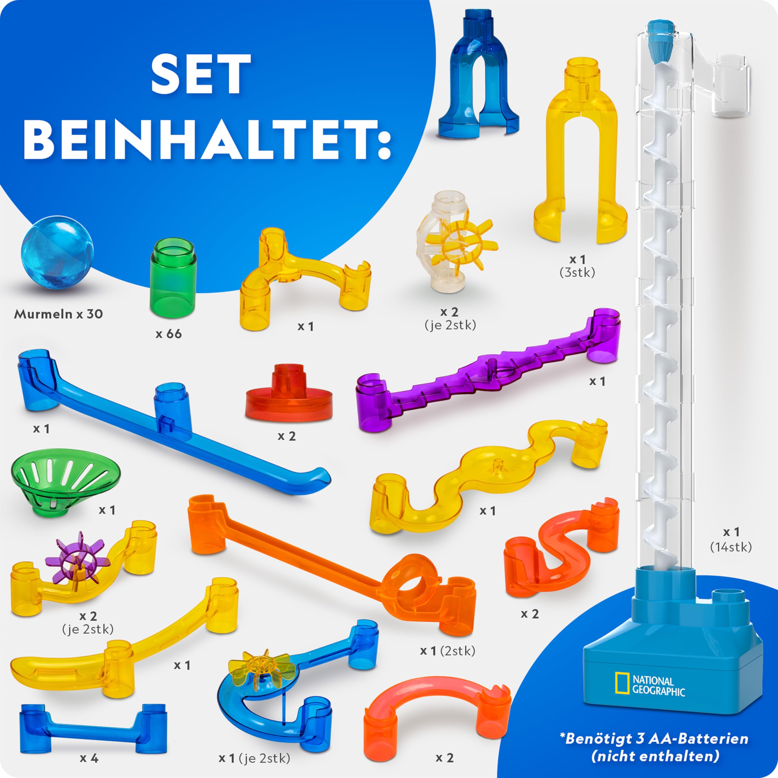 Blue Marble NATIONAL Geographic Murmelbahn mit Motoraufzug – 150-teiliges Set mit motorisierter Spirale, 30 Glasmurmeln, Aufbewahrungstasche & Zubehör, Endlosschleifen-Spiel, Mint-Bausatz für Kinder