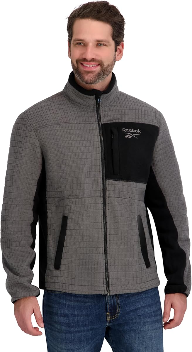 Men's Mock Neck Zip-up Grid Polar Fleece Shell Jacket