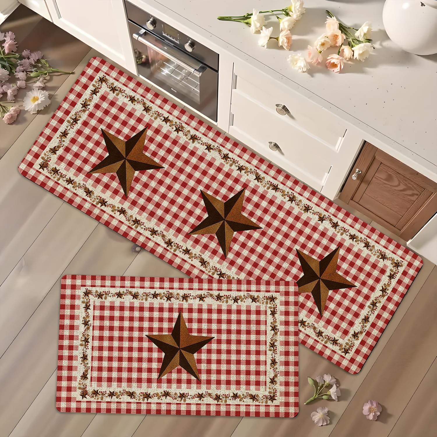 Farmhouse Kitchen Rugs Sets of 2 Non Slip Washable Kitchen Mats for Floor Absorbent Rug for Kitchen Western Country Rustic Kitchen Decor 17"x47"+17"x29"