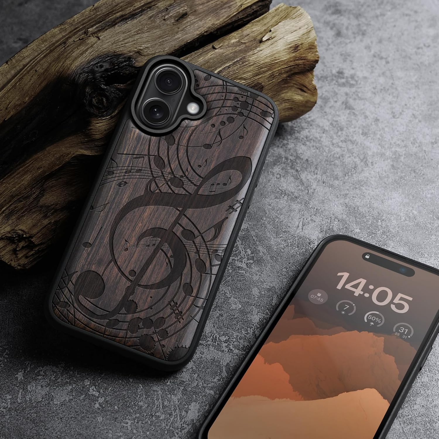 Carveit Magnetic Wooden Case for iPhone 16 Plus Case, Wood Artisan Engraved & Black Soft TPU Shockproof Cover, Compatible with MagSafe Wireless Chargers (Musical Notes) Blackwood