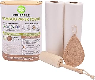 Bamboo Rayon Paper Towels | Washable Reusable Paper Towels, 2 Rolls,(40 Sheets)1 Year Supply & Loofah Sponge & Dish Scrub Brush | Eco Friendly Paper Towel Alternative | Zero Waste Gift Set