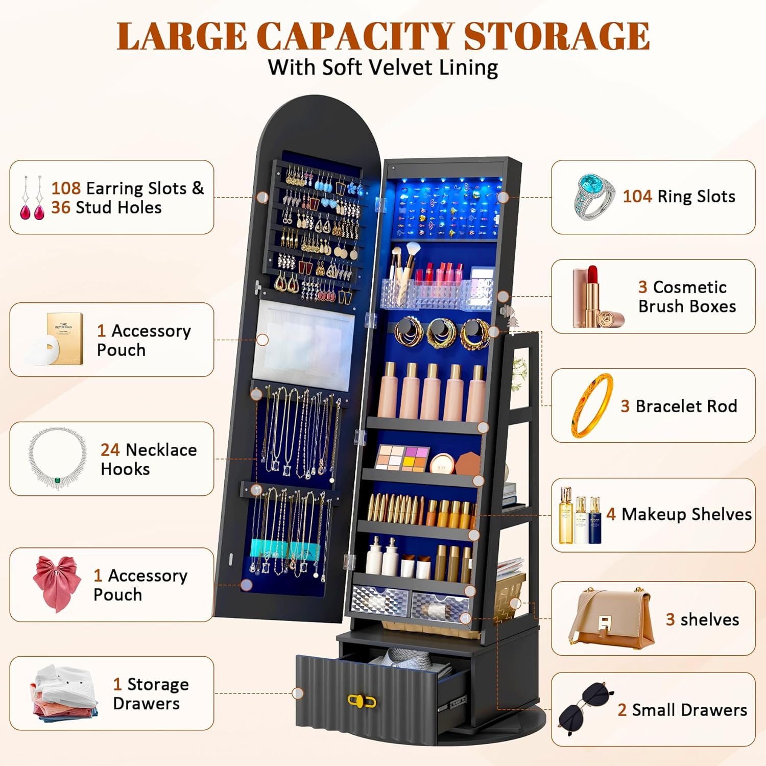 Full Length Mirror with Storage, 63" Mirror Jewelry Cabinet Standing, Rotating Jewelry Mirror Organizer Full Length, Lockable Jewelry Armoires with Velvet Lining for Women Gift - Image 5