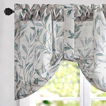 VOGOL Tie-Up Valance for Kitchen Windows, Blue Leaf Print, 52 x 18 | Faux Linen Fabric, Rod Pocket Top, Adjustable Ties, Light Filtering, 1 Panel, for Cafe Windows, Easy to Hang