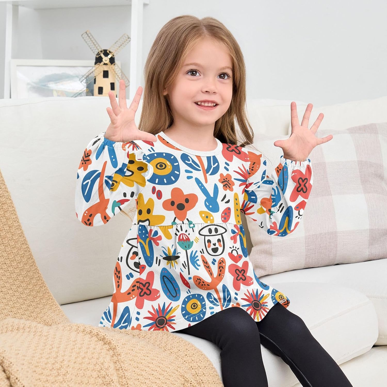 visesunny Toddler Clothes for Girls Abstract Leaf Sticker Long Sleeve Fall Shirts Cotton Top with Ruffle Collar