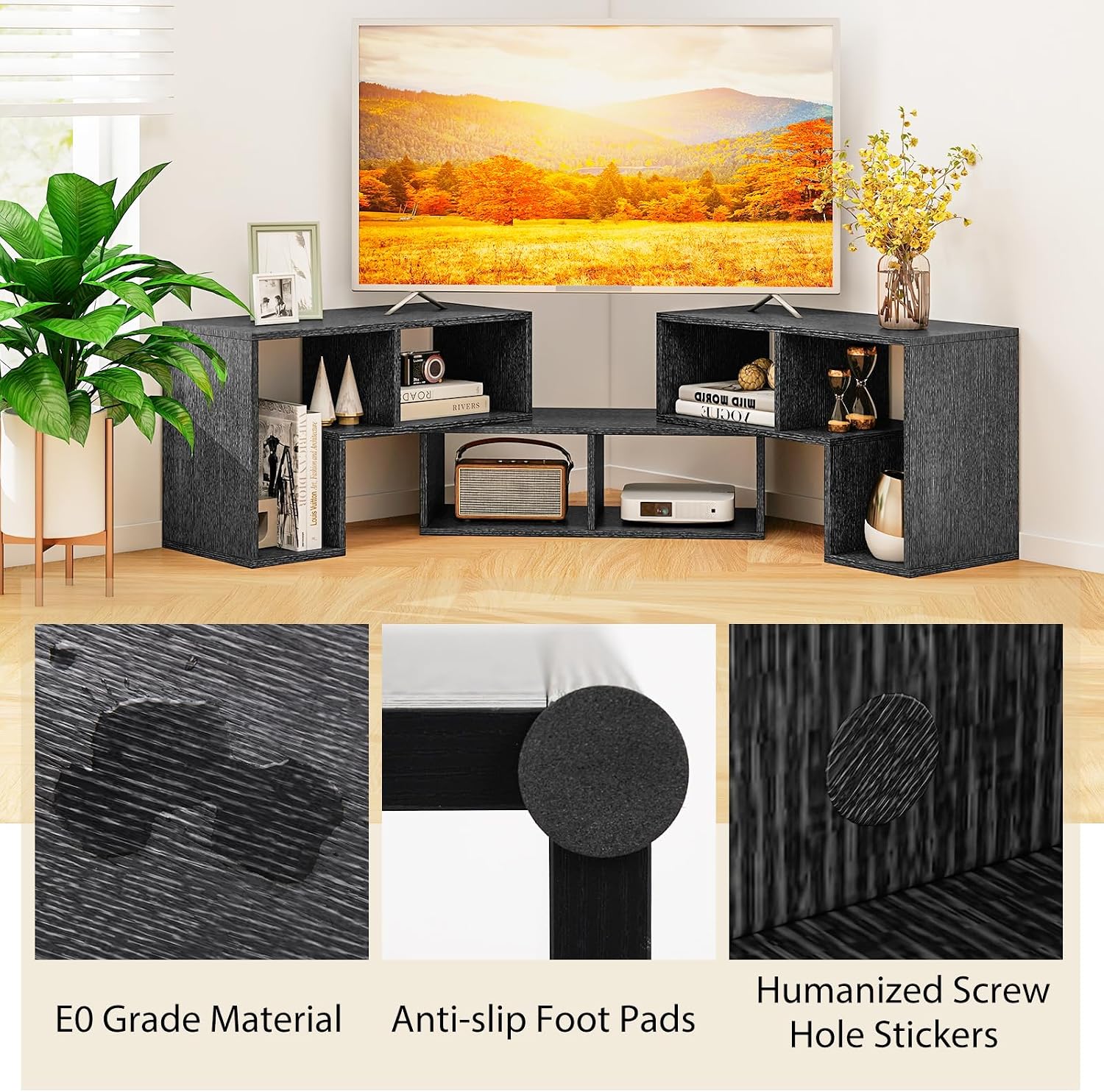 DREAMADE 3 Piece TV Stand, Modular TV Console with Bookshelves, Free Combination w/Storage Cubes for 50 to 65 Inch TV, Modern Entertainment Center for Living Room, Bedroom (Black Wood Grain)
