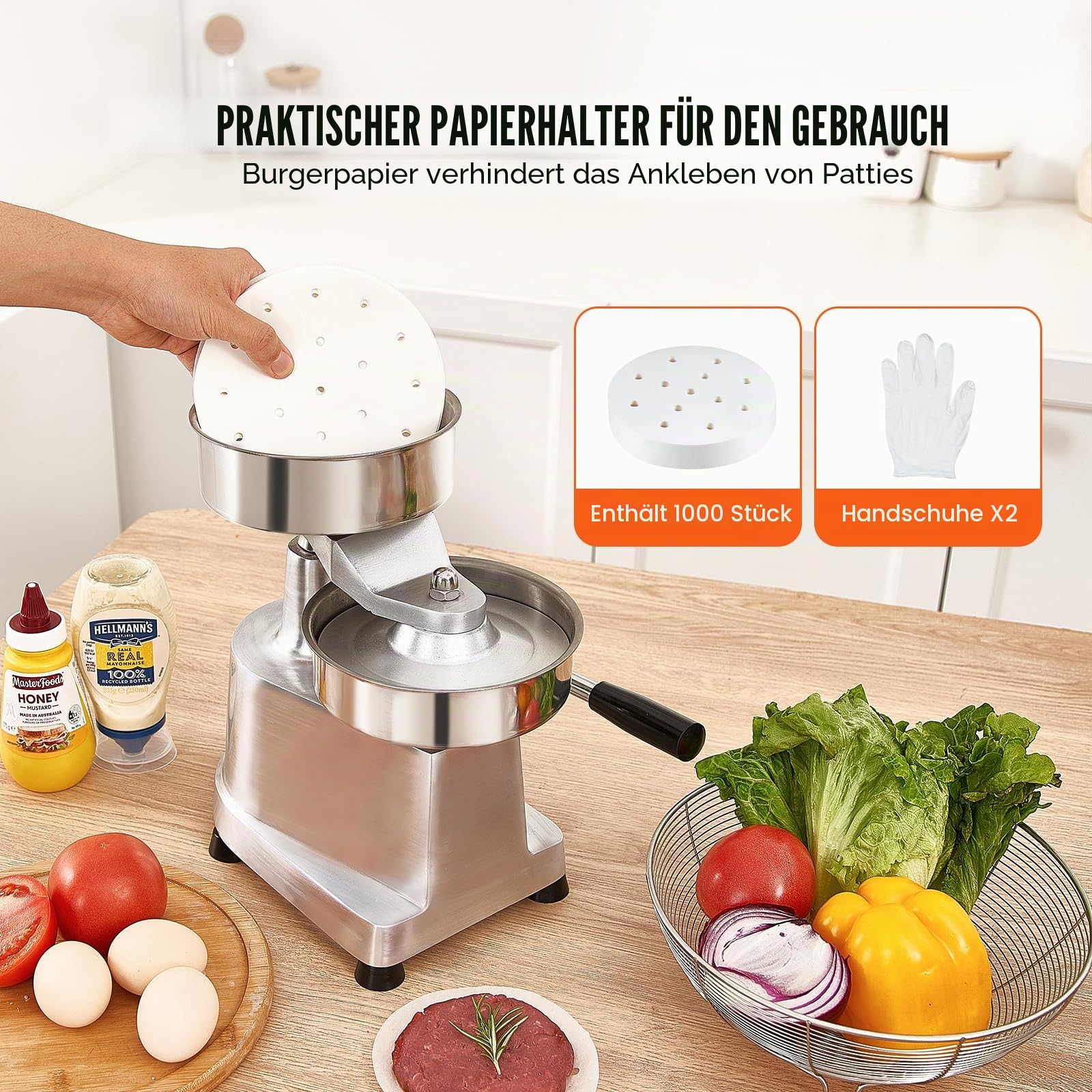 VEVOR Kommerzieller Burger-Patty-Maker, 150 mm, Hamburger-Rind-Patty-Maker, Strapazierfähig, Lebensmittelechter Edelstahl Burgerpresse, Küchenfleischformer