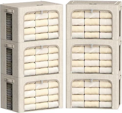 Miniatura 16 de FHSQX Paquete de 6 contenedores de almacenamiento de ropa con marco de metal, contenedores de almacenamiento plegables para ropa, caja de Blanco