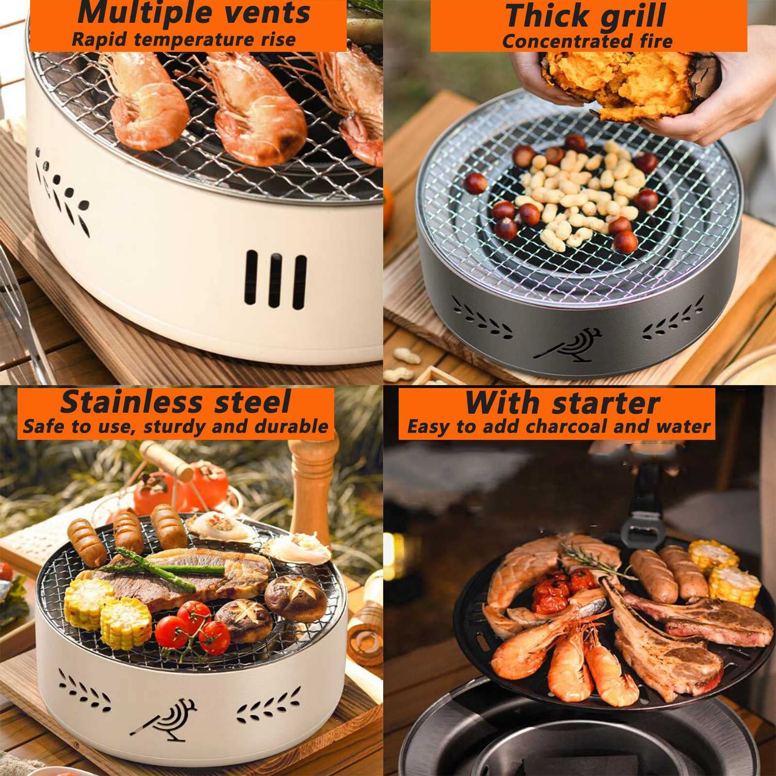 Przenośny grill węglowy, nieprzywierająca okrągła kuchenka kempingowa z uchwytem przeciw oparzeniom, grill stołowy kocioł na węgiel drzewny, na zewnątrz, wewnątrz i na piknik