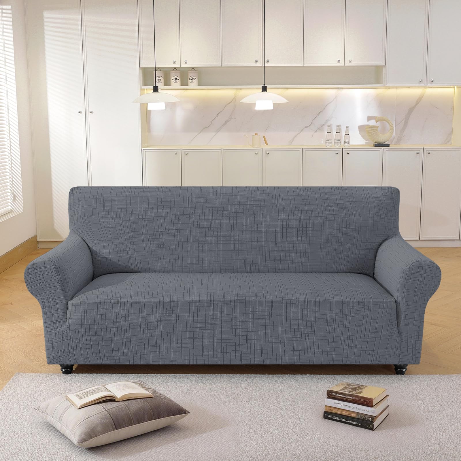 YSTELLAA Copridivano 2 Posti Con Braccioli, Universale Copri Divano Elasticizzato Lavabile, Copridivani Antimacchia Antiscivolo, Sofa Cover Antigraffio Gatto, Per Soggiorno, Grigio Chiaro