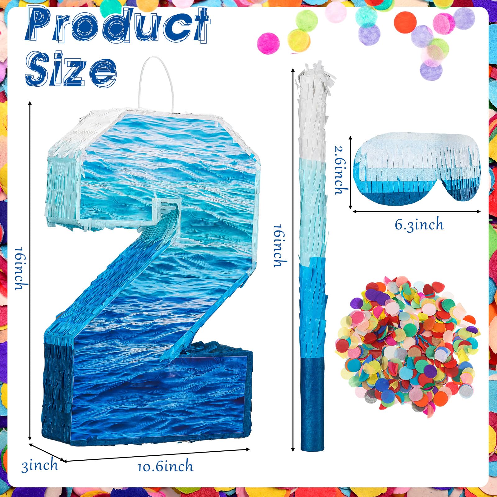 Piñata número 2 grande azul degradado con palo venda para los ojos y confeti colorido piñatas para fiesta de segundo cumpleaños para niños y niñas, decoración temática de celebración de