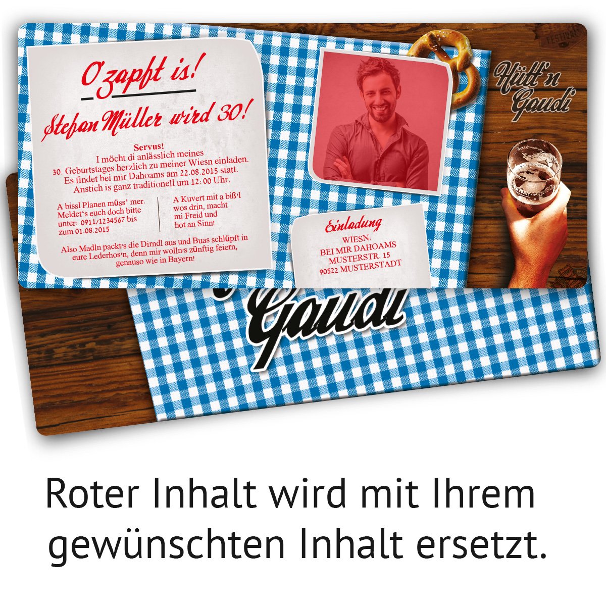Einladungskarten zum Geburtstag (40 Stück) Hüttengaudi mit eigenem Foto Blau Oktoberfest