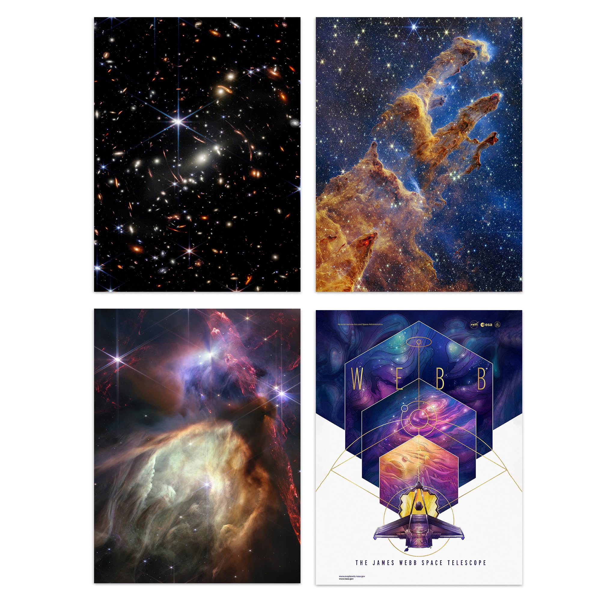 Artery8 Pack of 4 NASA James Webb Space Telescope Images Deep Field Stars Rho Ophiuchi Clouds Pillars of Creation Unframed A4 Wall Art Living Room Prints Set