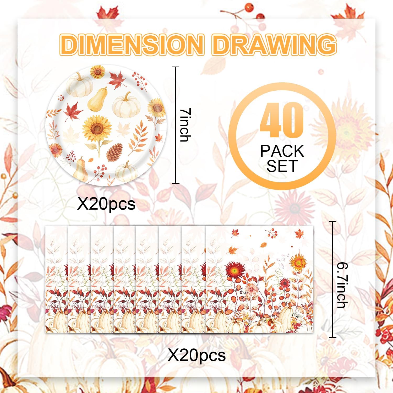40 Pcs Floral Paper Plates Birthday Party Decorations Autumn Bridal Shower Plates Fall Wildflower Tableware Set Autumn Plates and Napkins Sunflower Birthday Party Decorations image 2