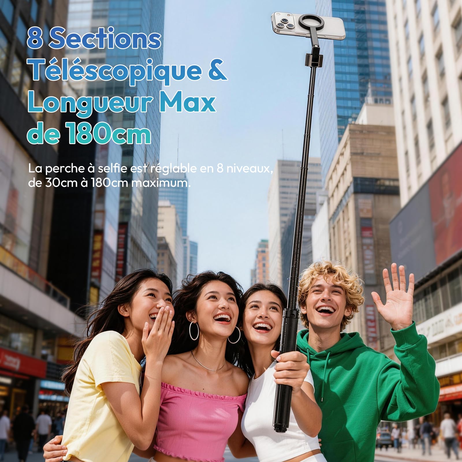 ULANZI SK-21 [2026 Améliorée] 180cm Trépied Quadruple à Ouverture et Fermeture Automatique Support Magnétique à Quadruple Perche à Selfie Bluetooth, Tripod Compatible avec iPhone 17-12 Magsafe Samsung