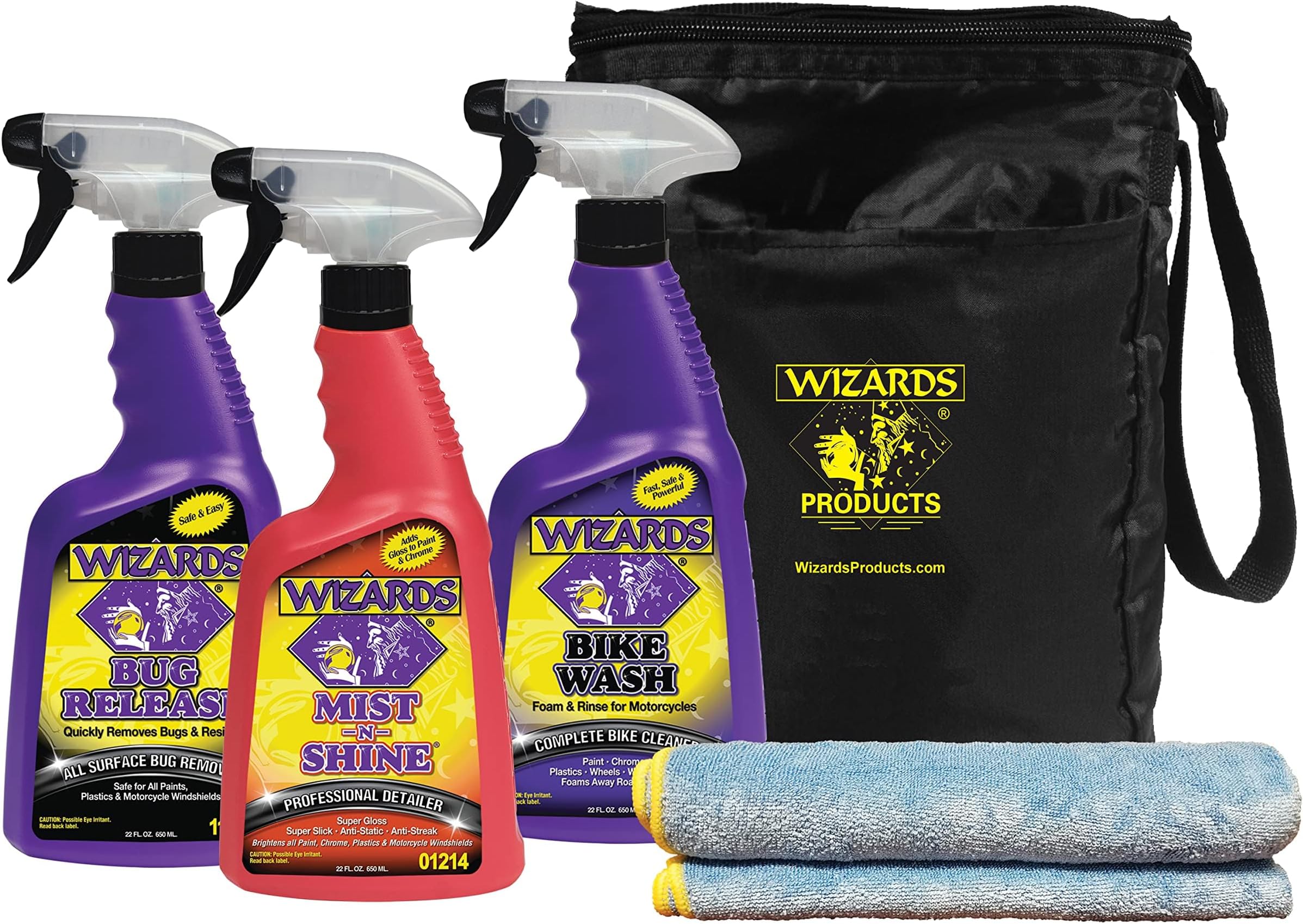 Wizards Motorcycle Cleaning Kit - Bike Wash Foam and Rinse, Quick Detailer Spray, and Bug Remover with Fiber Cloth and Detailing Bag - Portable Motorcycle Wash Kit with Accessories