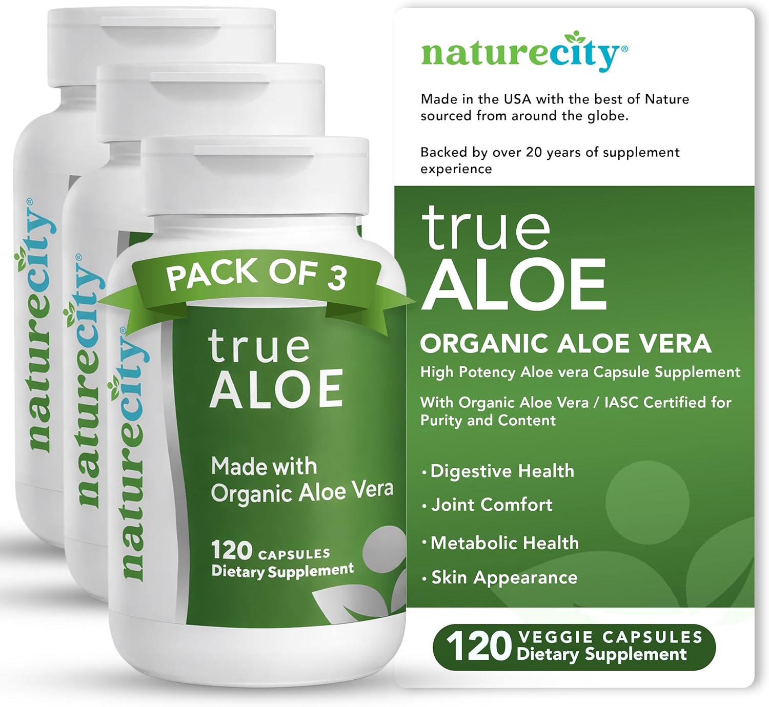 NatureCity TrueAloe Organic Aloe Vera Capsules - Supports Digestive Balance, Joints and Stomach Comfort - Plant-Based Aloe Barbadensis Powder - Easy-to-Swallow Single Ingredient Formula - 360 Caps