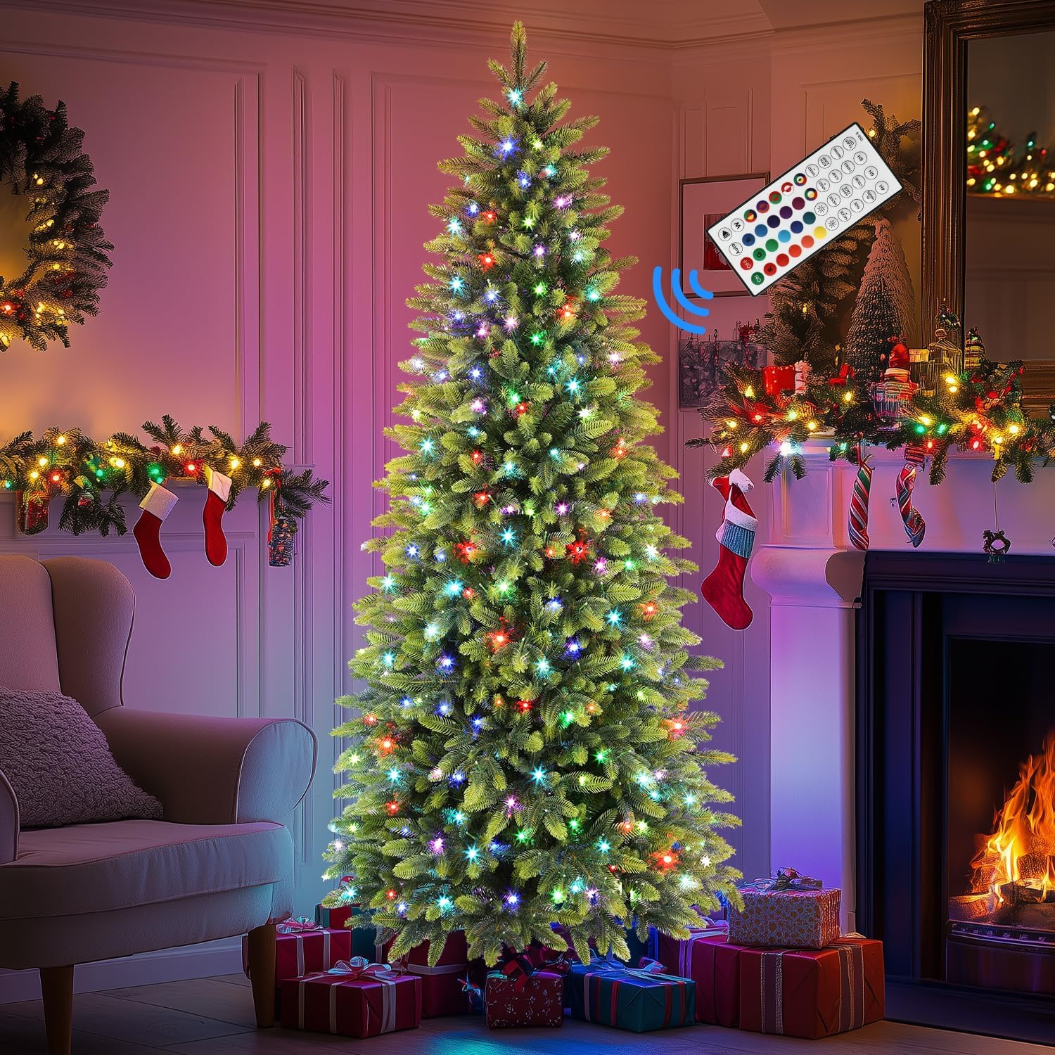 Alupssuc 7.5ft Prelit Artificial Hinged Christmas Tree with Remote Control, 360 Pre-Lit Multi-Color RGB Lights and 1959 PE & PVC Branch Tips, Perfect Choice for Xmas Decoration, 7.5 FT