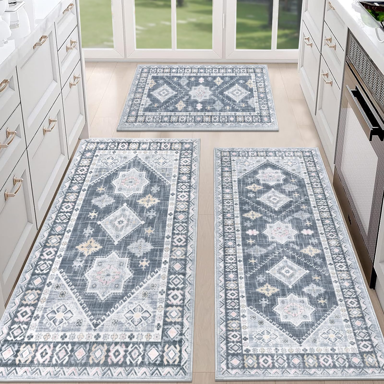 HEBE Boho Kitchen Rug Sets 3 Piece with Runner Non Slip Kitchen Rugs and Mats Washable Kitchen Mats for Floor Thick Kitchen Floor Mat Carpet Runner