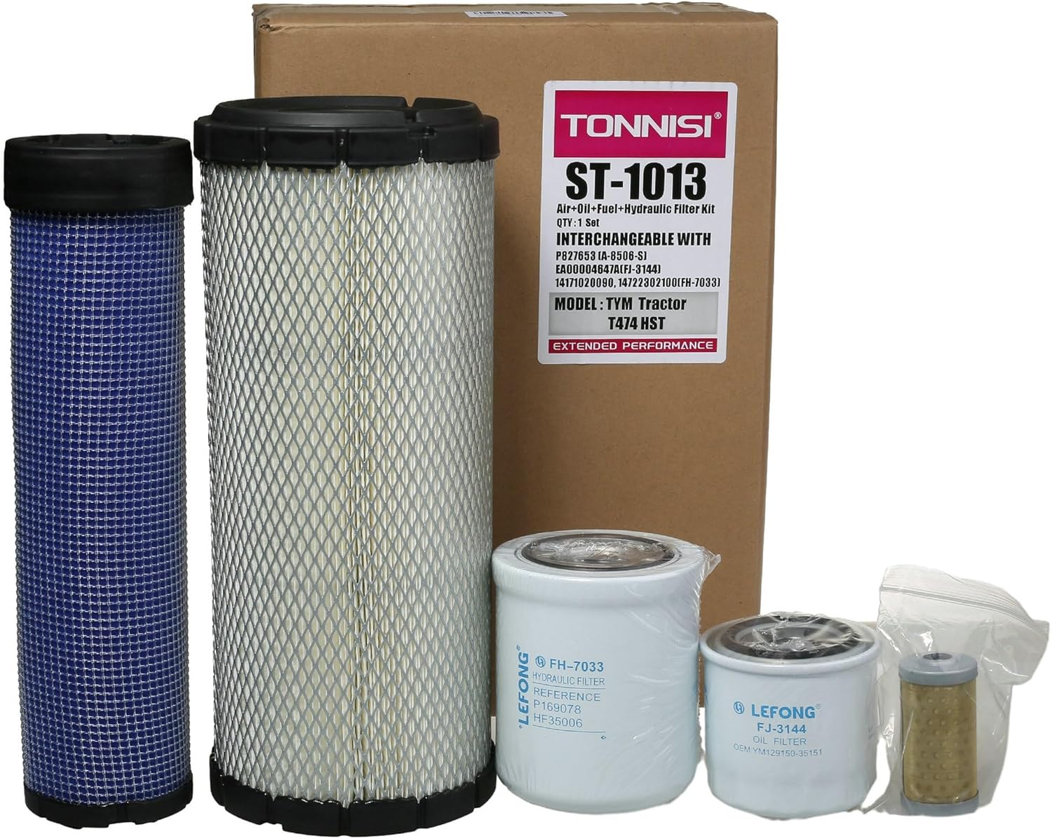 ST-1013 Filter Kit Compatible with TYM T474 HST Tractor Replaces Air Outer P827653, Air Inner P829332, Oil EA00004647A, Fuel 14171020090, Hydraulic 14722302100